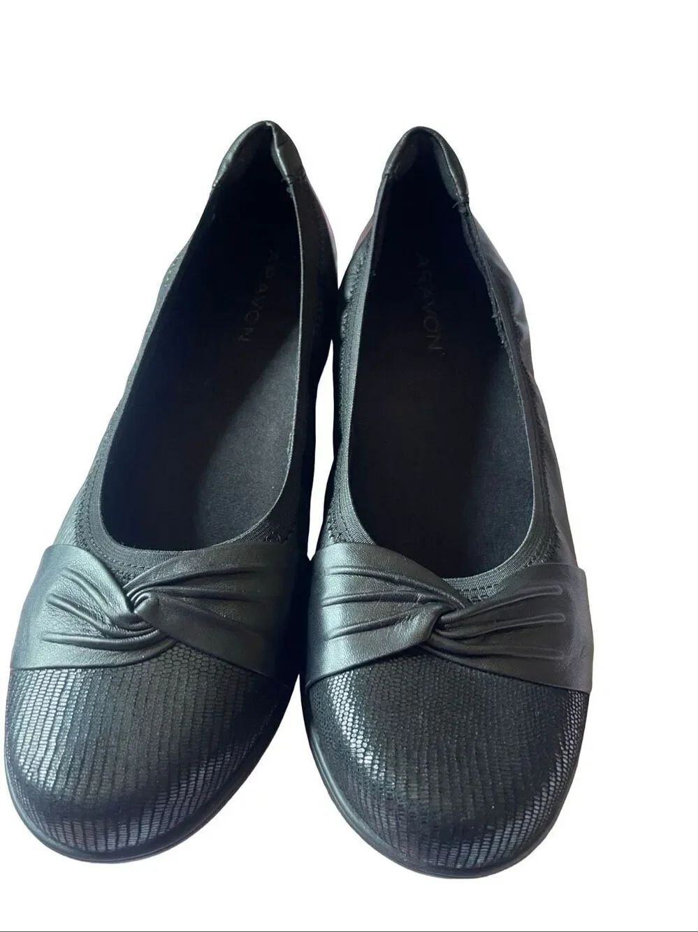 Aravon Womens Black Embossed Toe Pleated Comfort Leather Ballet Flats Size 11